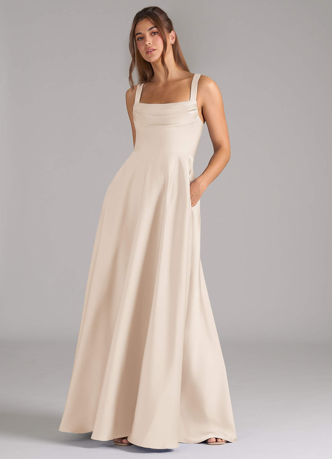 Azazie Shaude Brautjungfernkleider A-Linie Plissee Stretch-Satin Kleid Alabaster Weiß image3