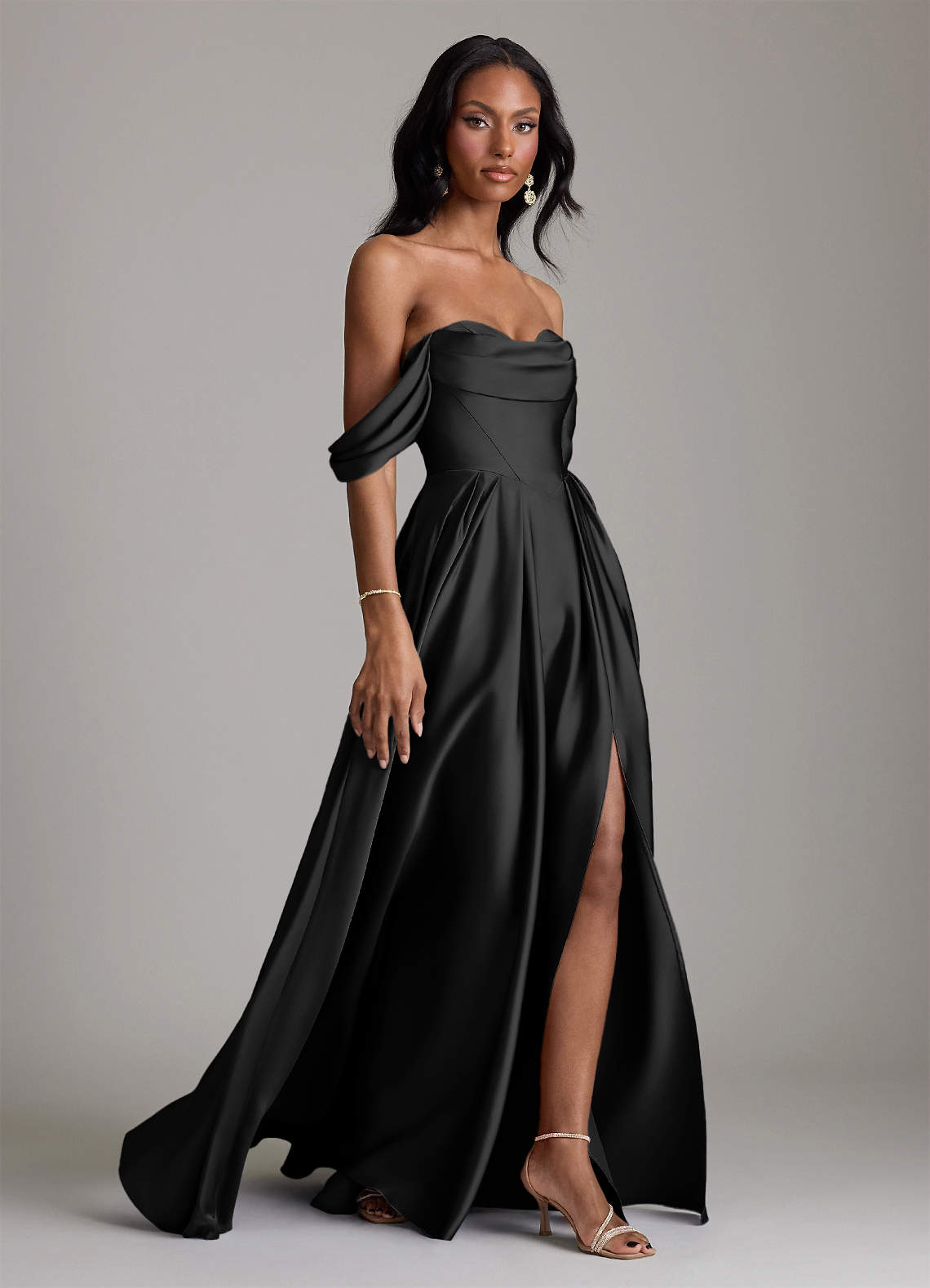 Azazie Loisa Bridesmaid Dresses Black A-Line Off the Shoulder Stretch Satin Dress image5
