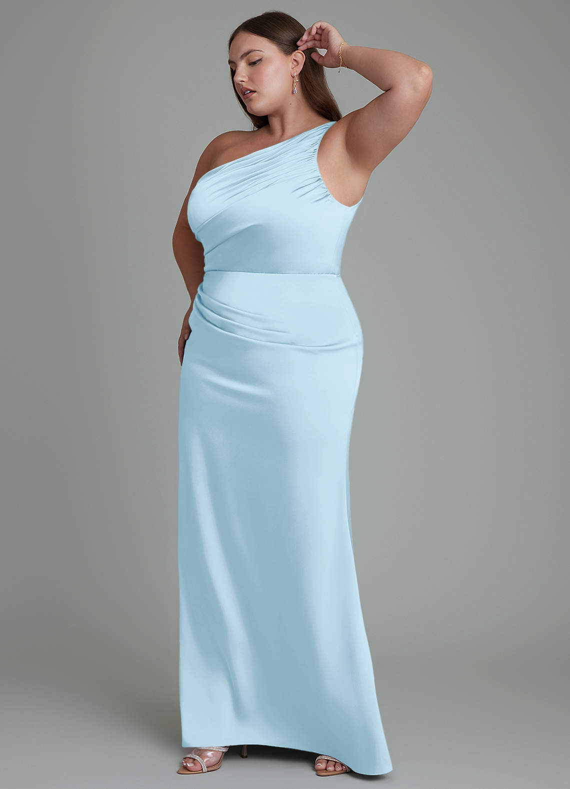 Azazie Akilah At-home Try On Dresses Sky Blue Mermaid One Shoulder Stretch Satin Dress image11