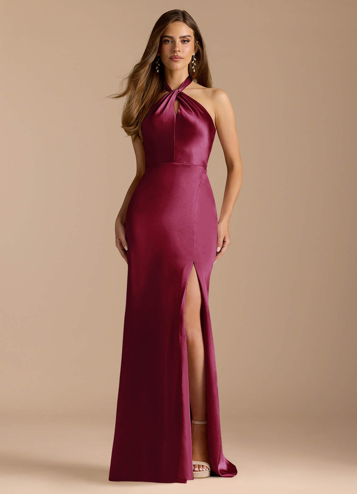 Azazie Tracie Bridesmaid Dresses Burgundy A-Line Pleated Metallic Satin Dress image1
