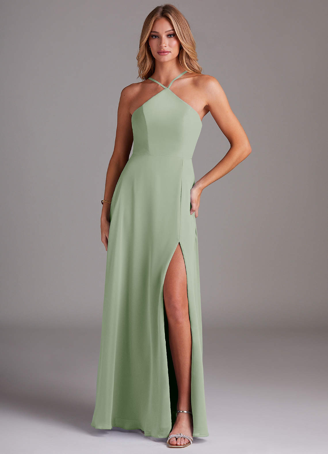 Azazie Bailey Bridesmaid Dresses Dusty Sage A-Line Halter Side Slit Chiffon Dress image1