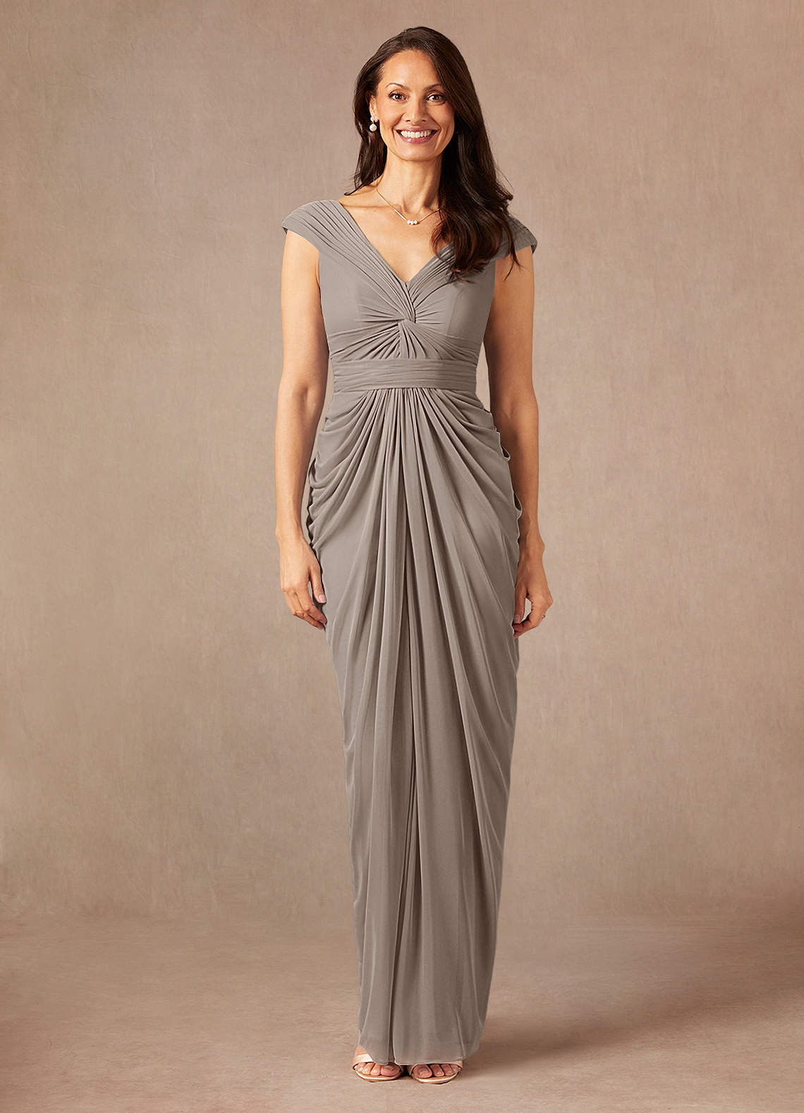 Azazie Lisolette Mother of the Bride Dresses Taupe Sheath Pleated Mesh Dress image1