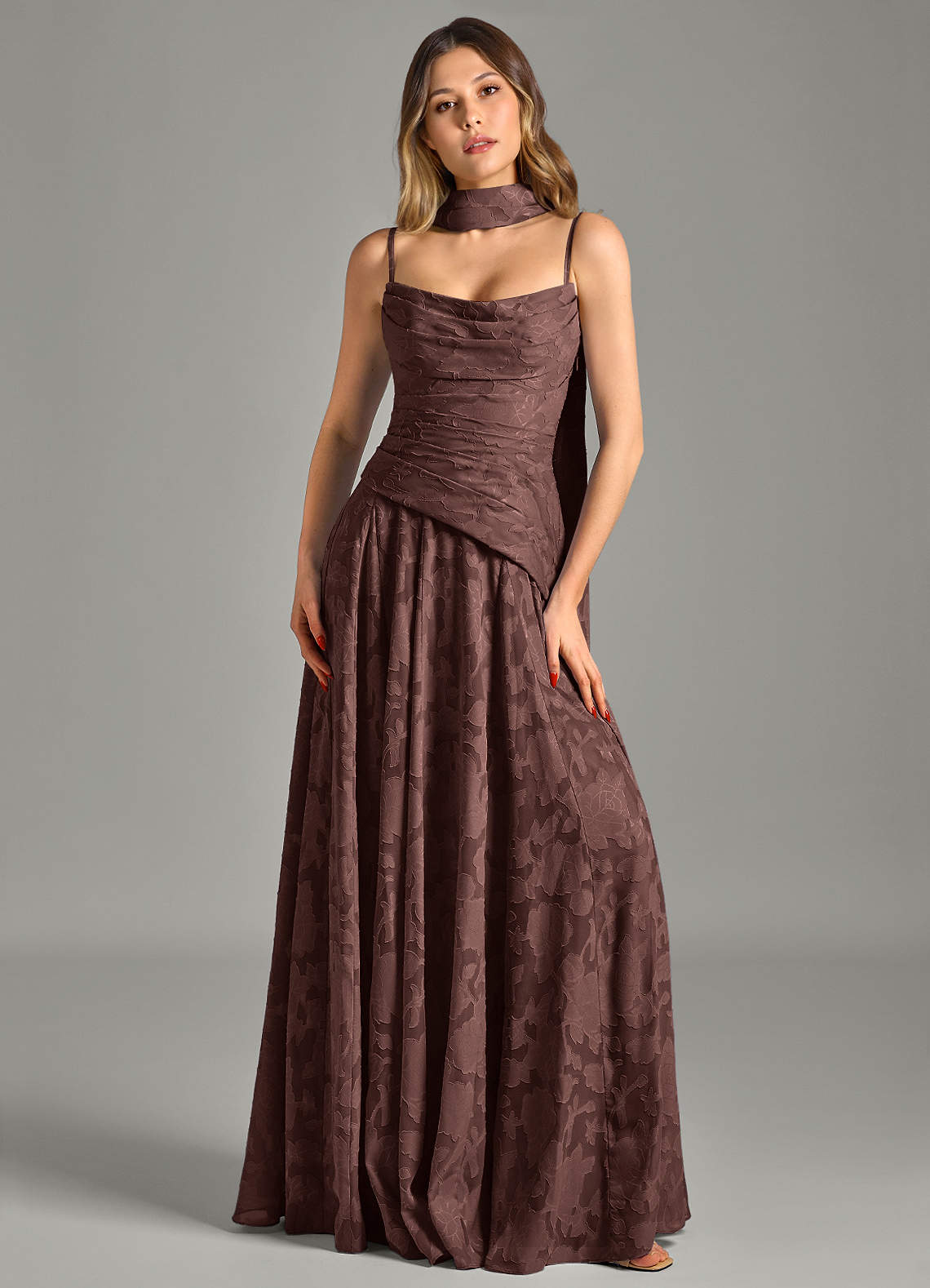 Azazie Gabriela Espresso Floral Burnout Bridesmaid Dresses | Azazie