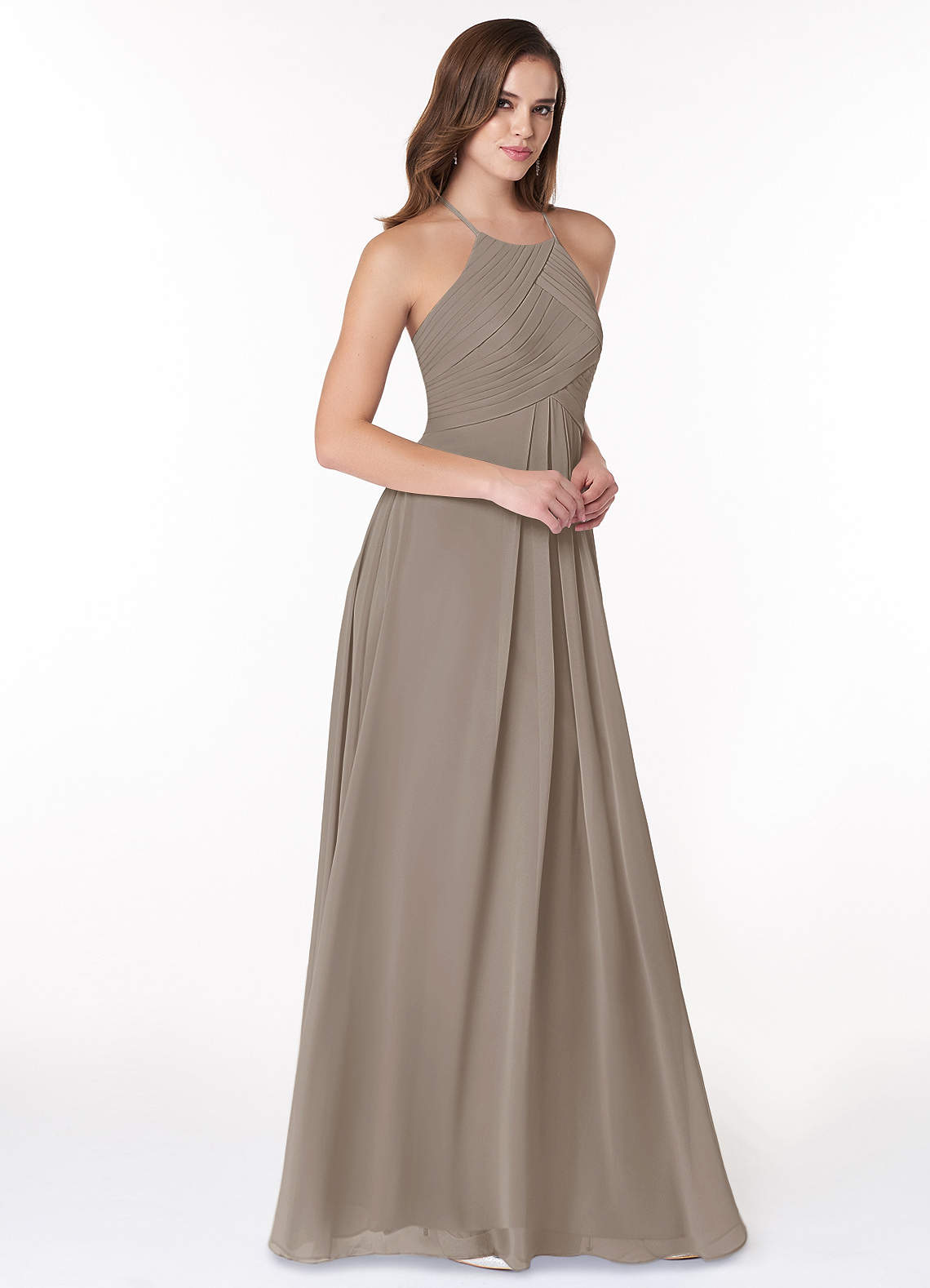 Azazie Ginger Bridesmaid Dresses Taupe A-Line Halter Pleated Chiffon Dress image1