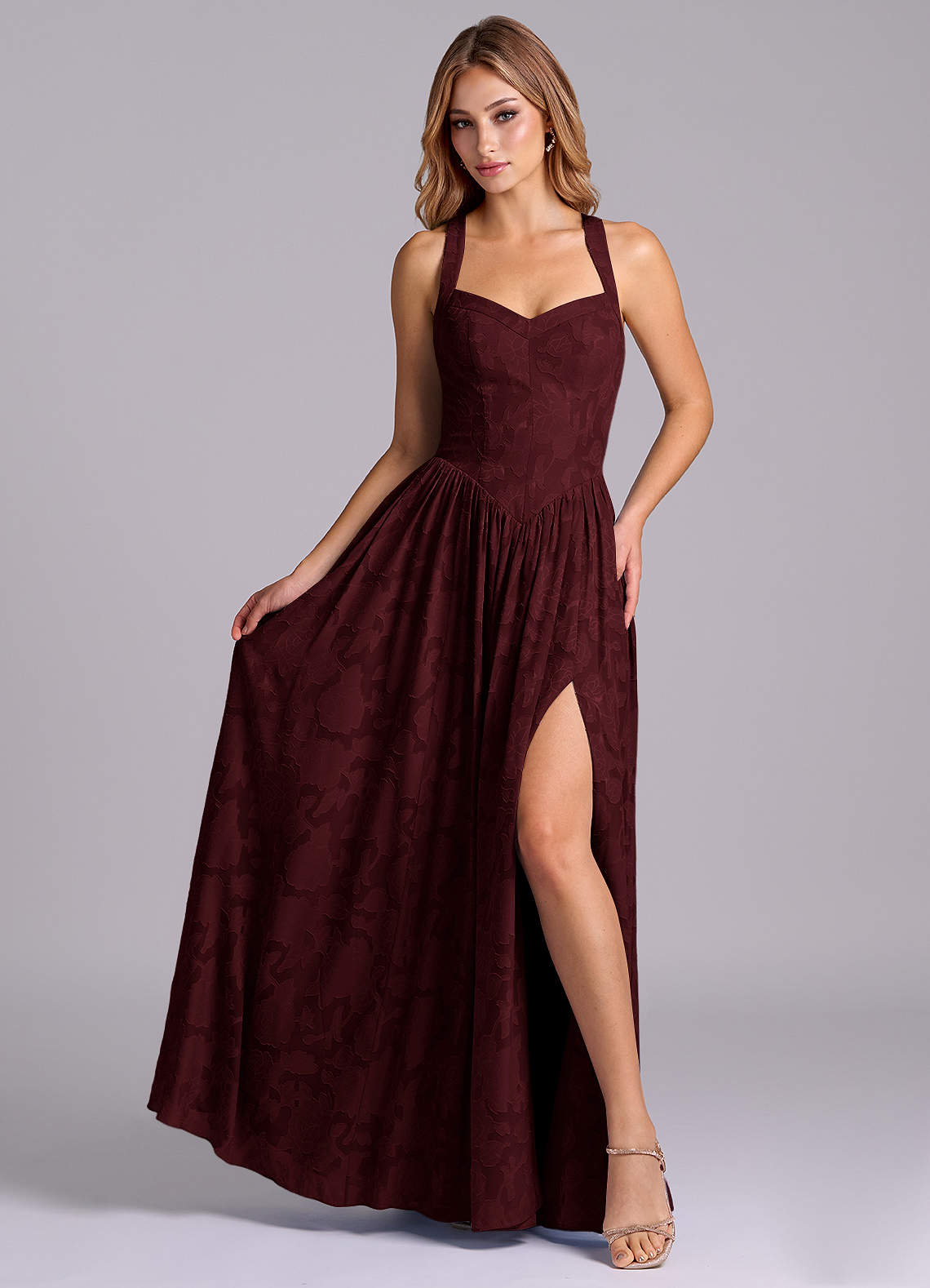 Azazie Francis Brautjungfernkleider A-Linie Korsett Blumen-Burnout Kleid Cabernetrot image3