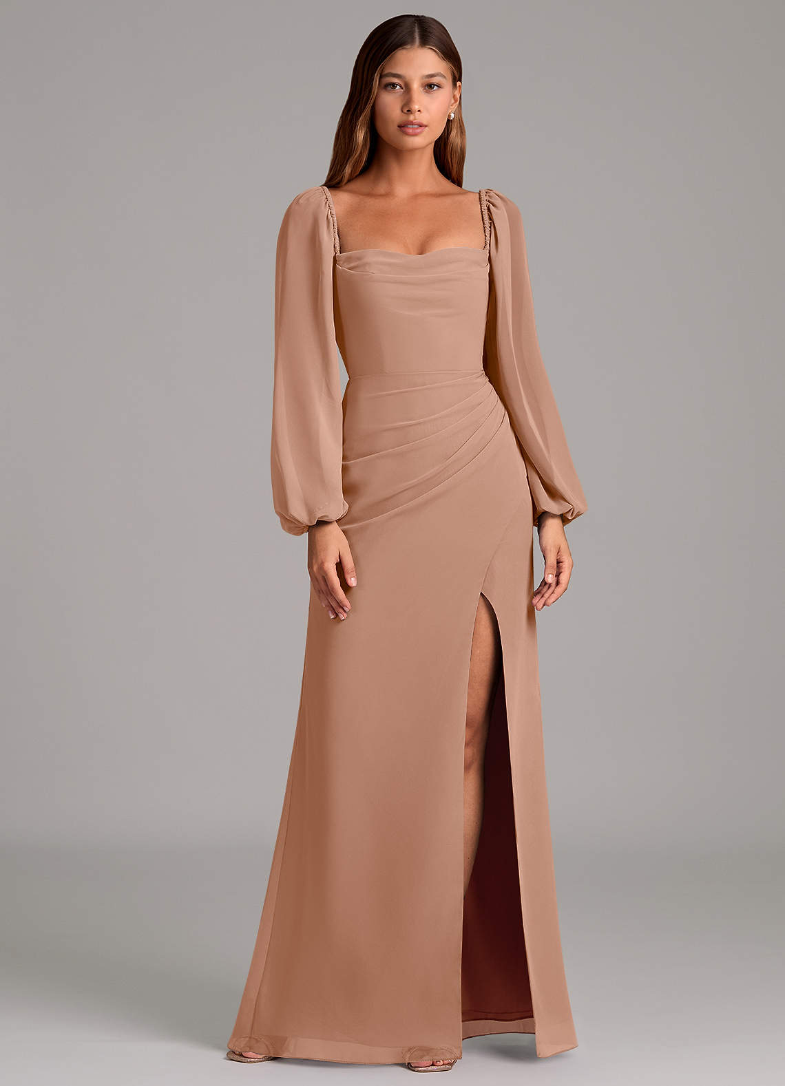 Azazie Brixley Brautjungfernkleider Meerjungfrau-Linie Langarm Chiffon Kleid Champagner Rosa image1