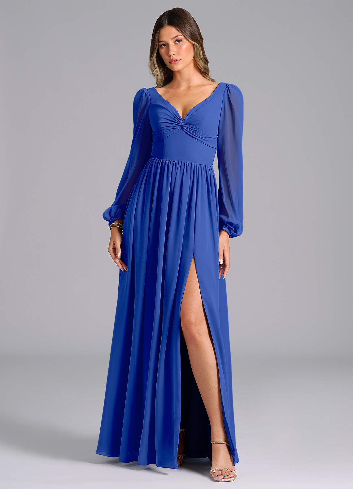 royal blue long sleeve bridesmaid dresses Azazie Norah