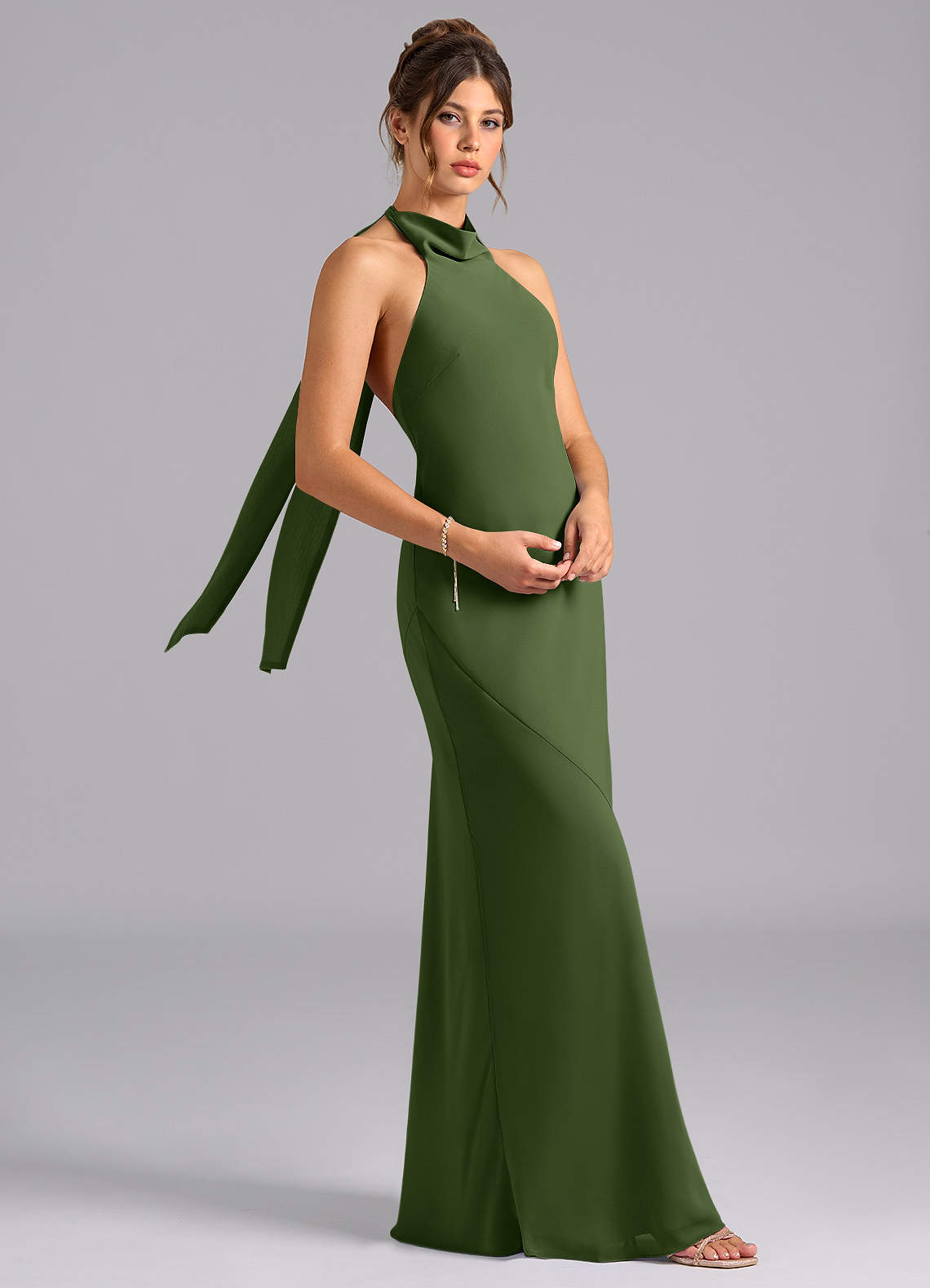 Azazie Velli Bridesmaid Dresses Olive Mermaid High Neck Chiffon Dress image2