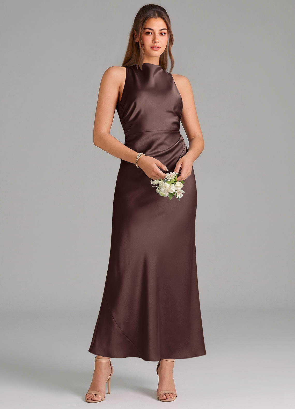 Azazie Evadne Bridesmaid Dresses Ganache Sheath Pleated Stretch Satin Dress image2