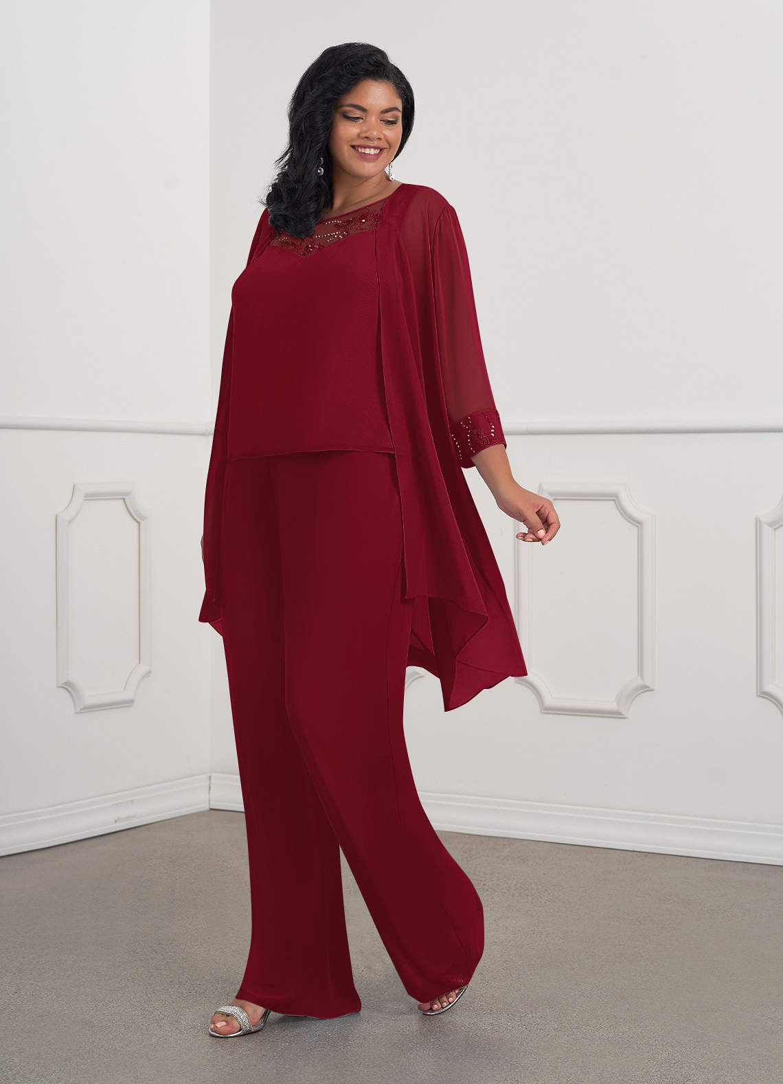 Azazie Maura Mother of the Bride Dresses Burgundy Jumpsuit/Pantsuit Sequins Chiffon Dress image7