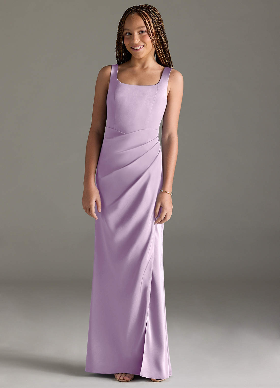 Azazie Mero Junior Vestido de Lila Esmerilada de Satén Elástico de Corte Sirena con Plisado image1