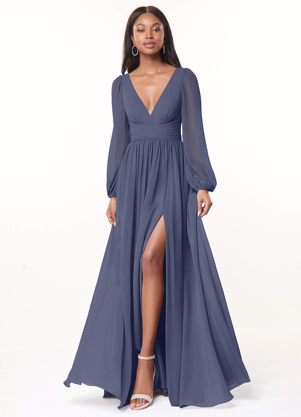 Azazie Norah Bridesmaid Dresses Stormy A-Line V-Neck Long Sleeve Chiffon Dress image1