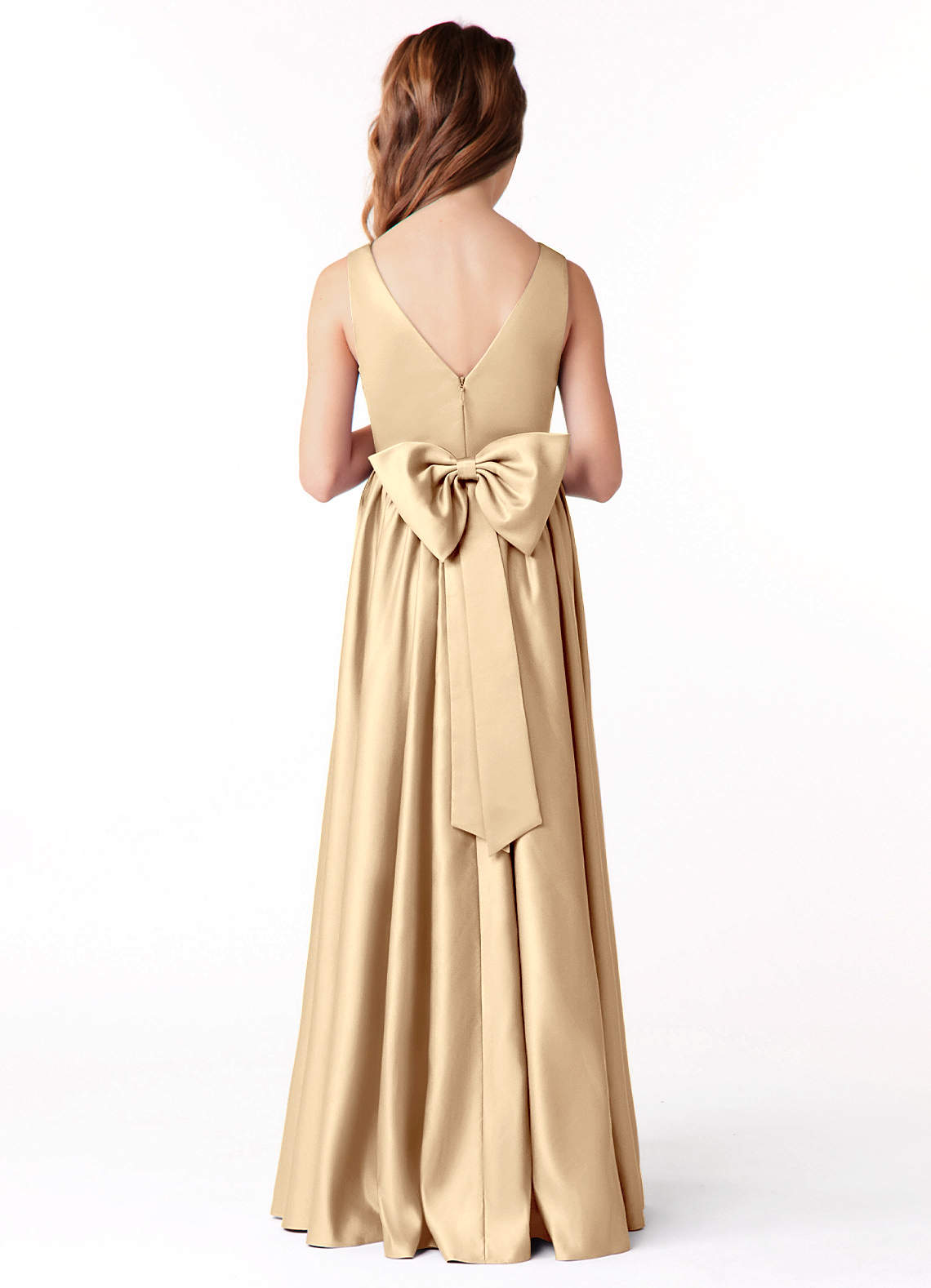 Azazie Hathaway Junior Vestido de Champán de Satén Elástico de Corte En A con Lazo image1