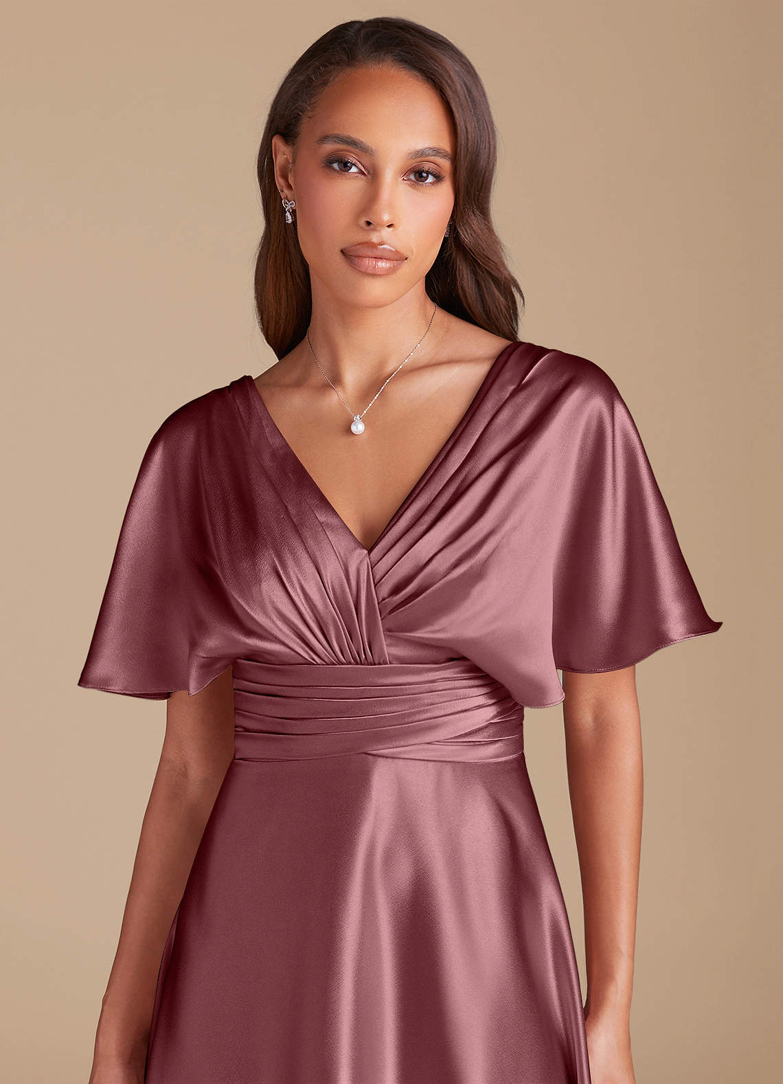 Azazie Pamela Bridesmaid Dresses Vintage Mauve A-Line Pleated Metallic Satin Dress image1