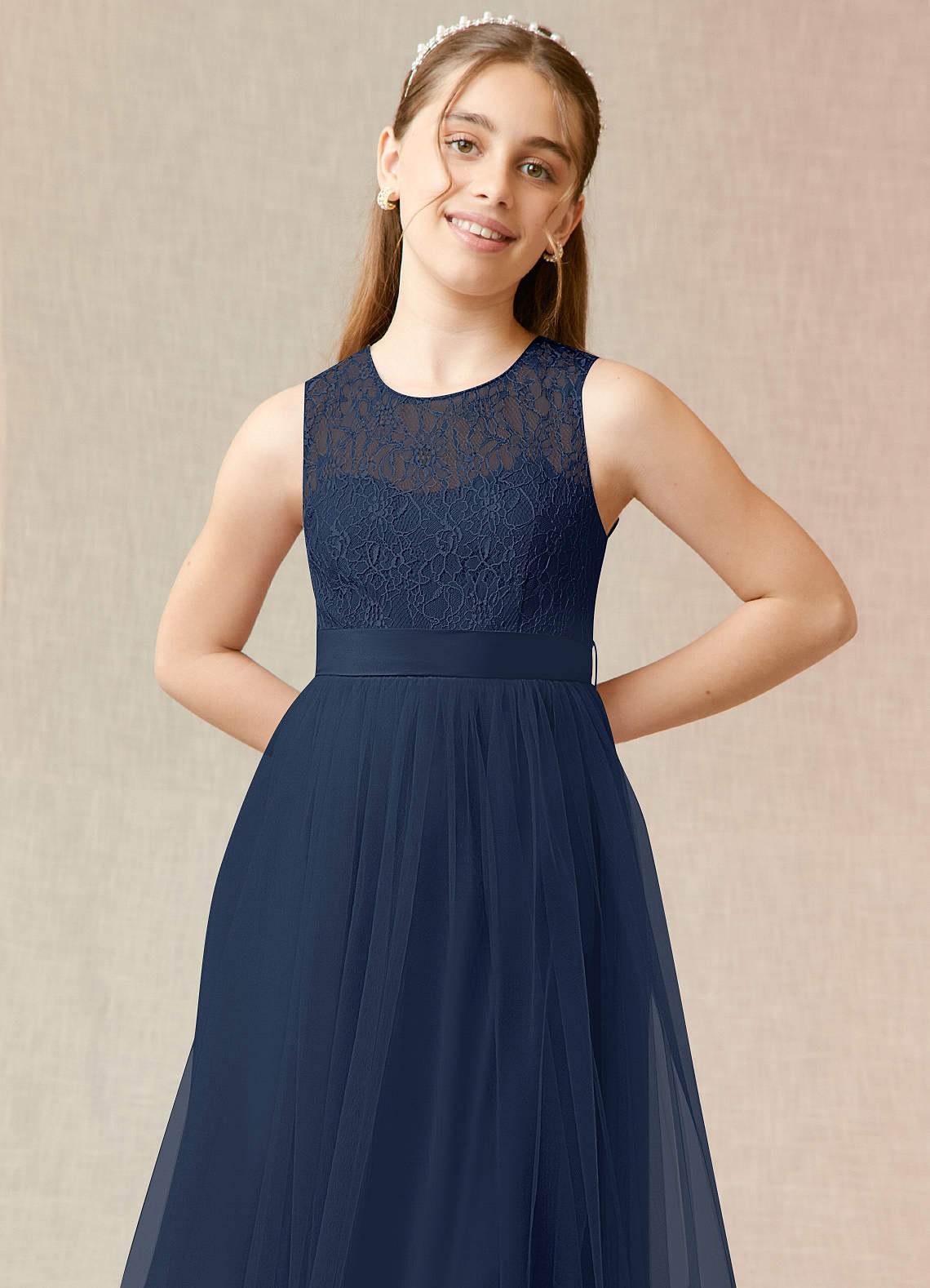 Azazie Georgette Junior A-Linie Spitze Tüll Kleid Dunkelmarine image4