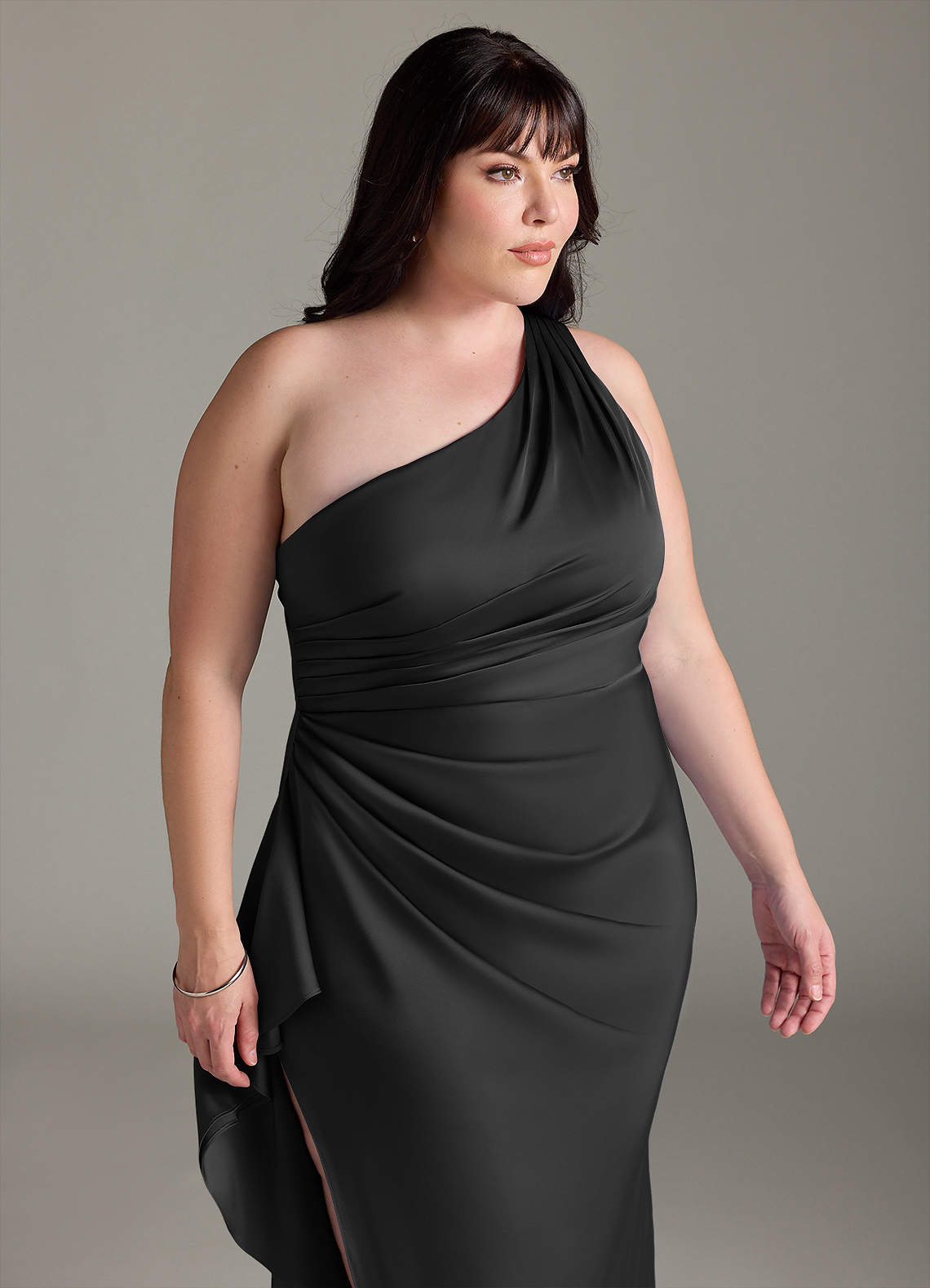 Azazie Latrice At-home Try On Dresses Black Sheath One Shoulder Cascading Ruffles Stretch Satin Dress image12