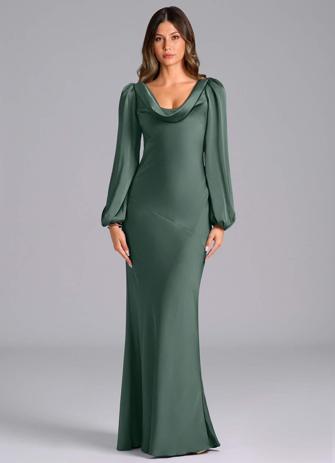 Azazie Rylina Vestidos de damas de honor Vestido de Musgo Marino de Satén Elástico de Corte Sirena con Manga larga image1