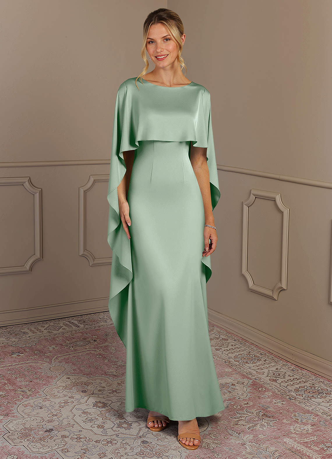 Azazie Eli Mère de la mariée Robes Robe Fourreau en Satin extensible Col de bateau Agave image1