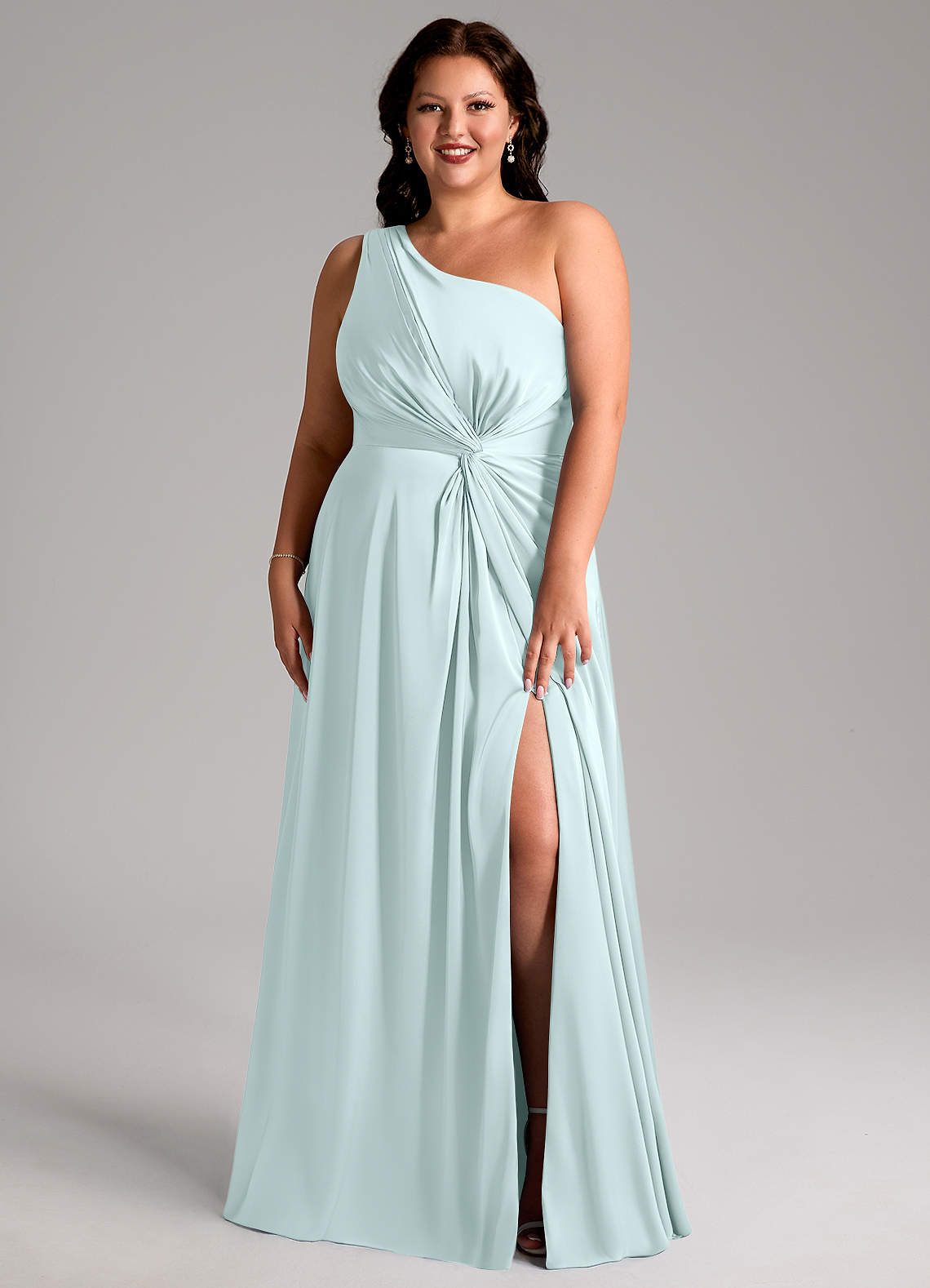 Azazie Brooke Bridesmaid Dresses Sea Glass A-Line One Shoulder Stretch Satin Dress image1