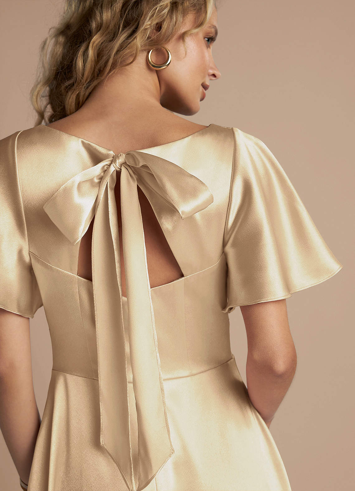 Azazie A-Line V-Neck Floor-Length Metallic Satin Bridesmaid Dresses - Champagne