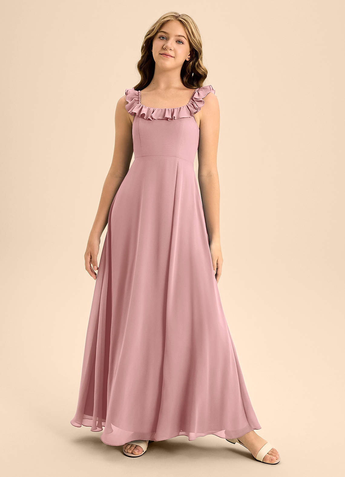 Azazie Callie Junior Vestido de Rosa Polvorienta de Gasa de Corte En A con Volante image4
