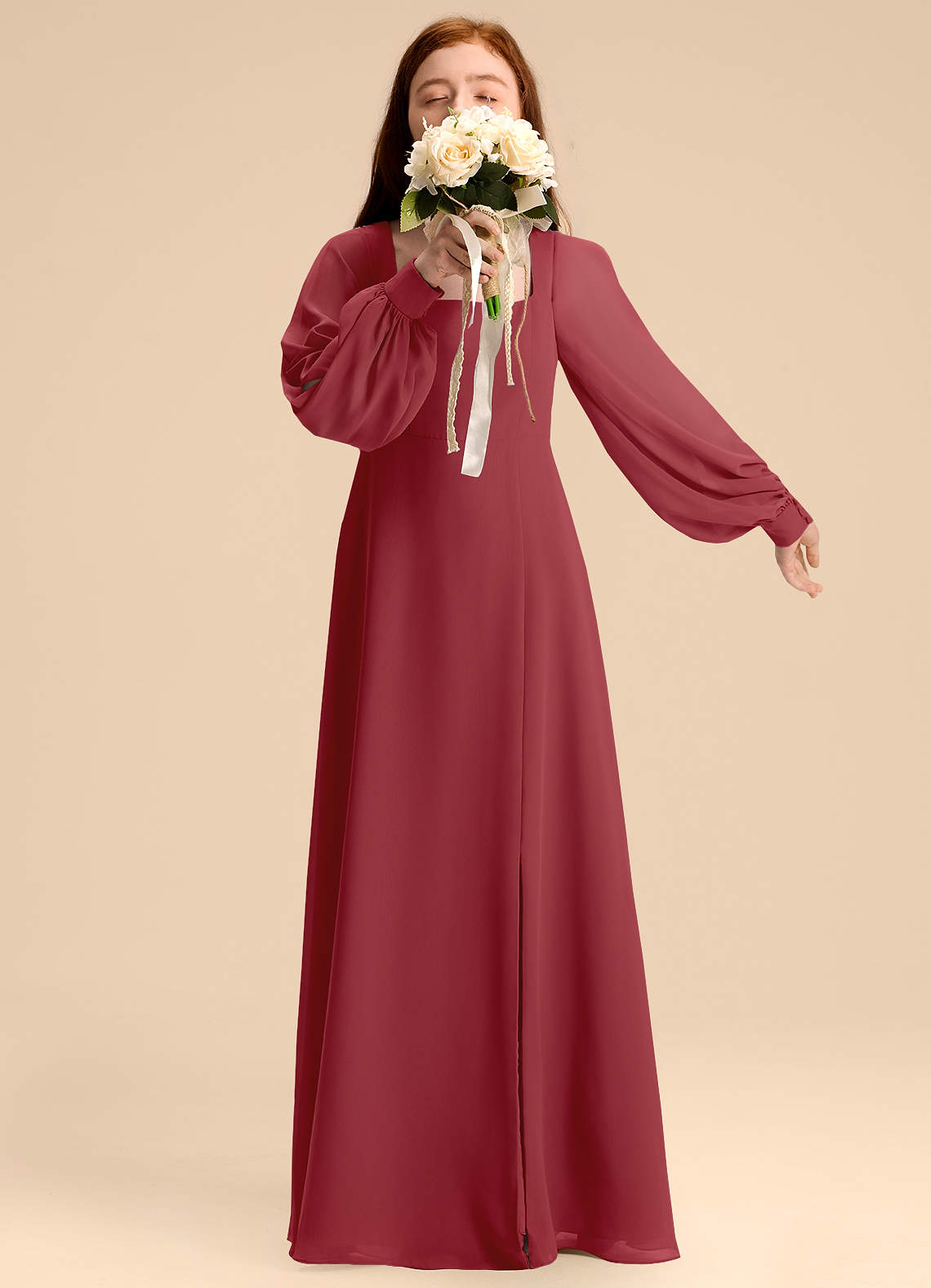 Azazie Bondi Junior Pomegranate A-Line Blouson Chiffon Dress image1