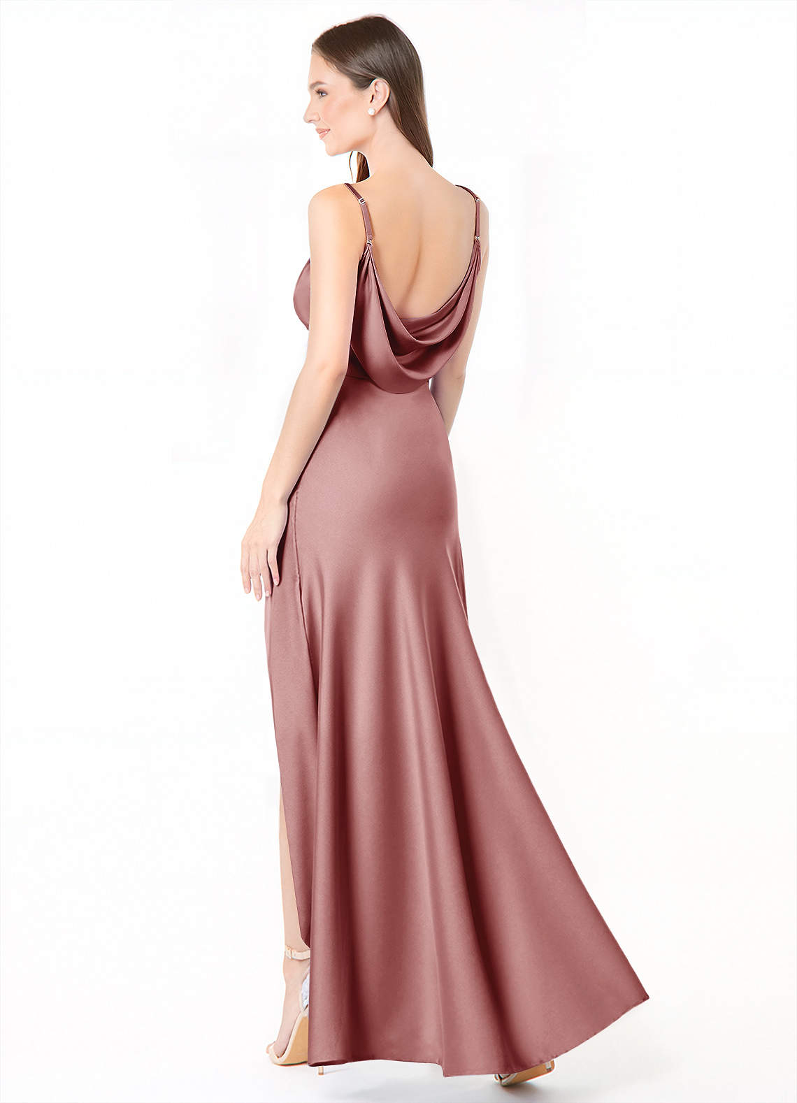 Azazie Alaija Robes de demoiselle d'honneur Robe Sirène en Satin extensible Fente Latérale Rose Poussiéreuse image1