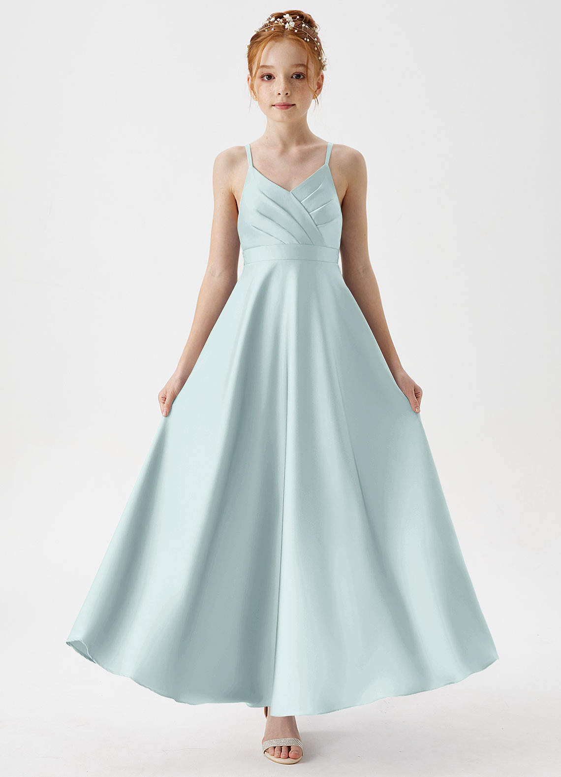 Azazie Avelina Junior Vestido de Neblina de Satén Elástico de Corte en A con Plisado image4