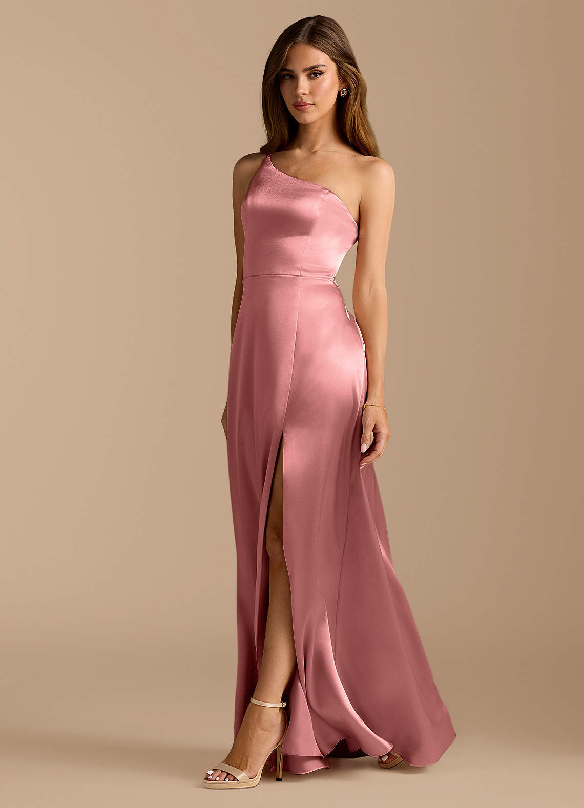 Azazie Trina Ready to Ship Rosette Metallic Satin Bridesmaid
