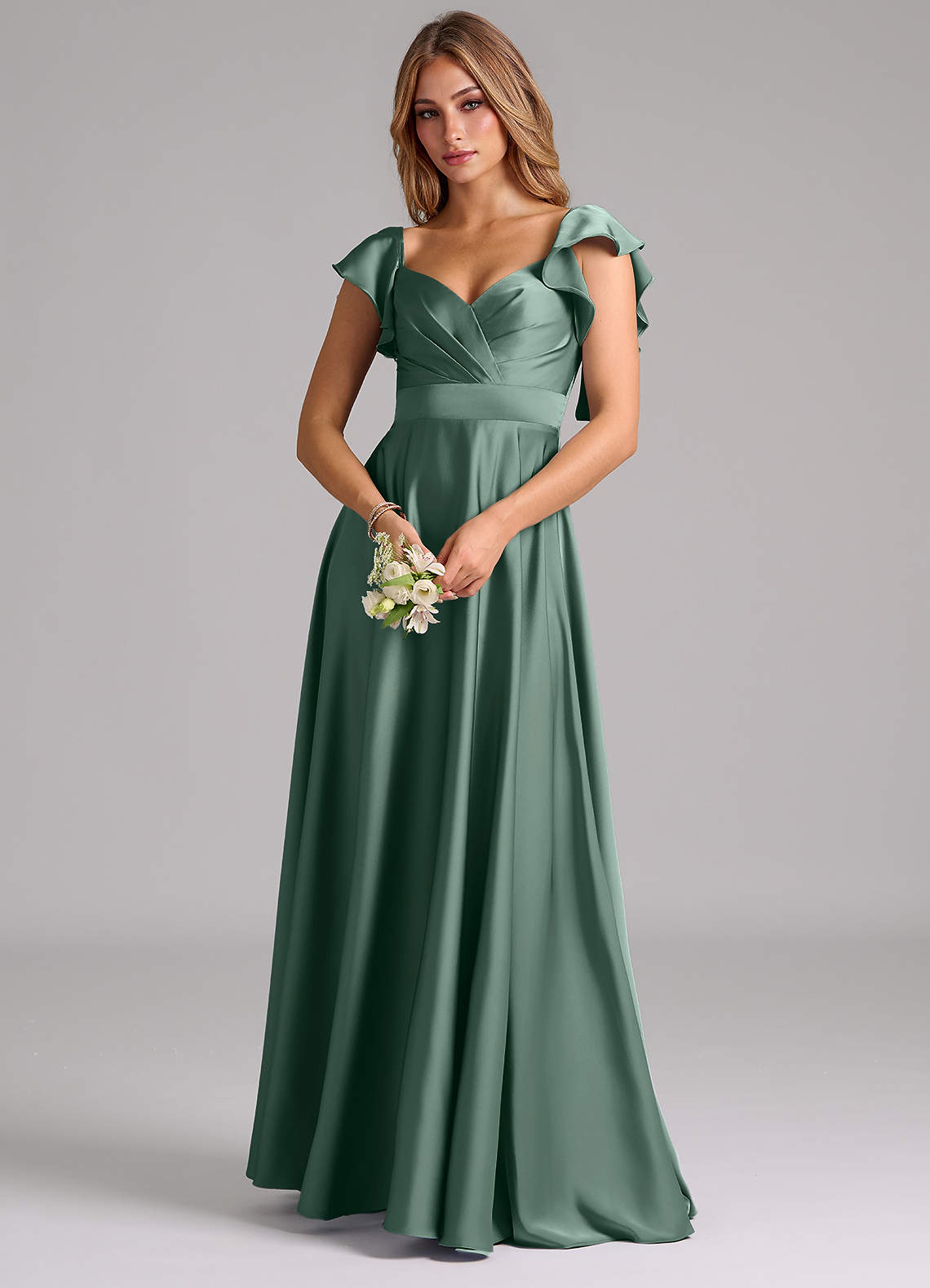 Azazie Leilani Bridesmaid Dresses Eucalyptus A-Line Ruched Stretch Satin Dress image6