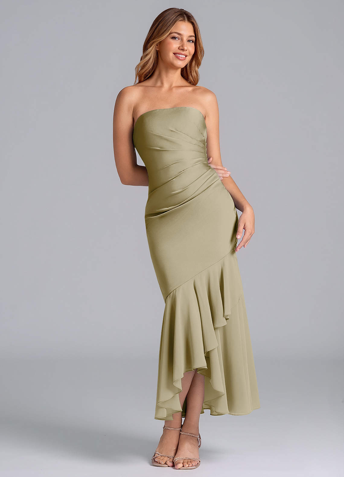 Azazie Danie Bridesmaid Dresses Moss Green Sheath Strapless Chiffon Dress image1