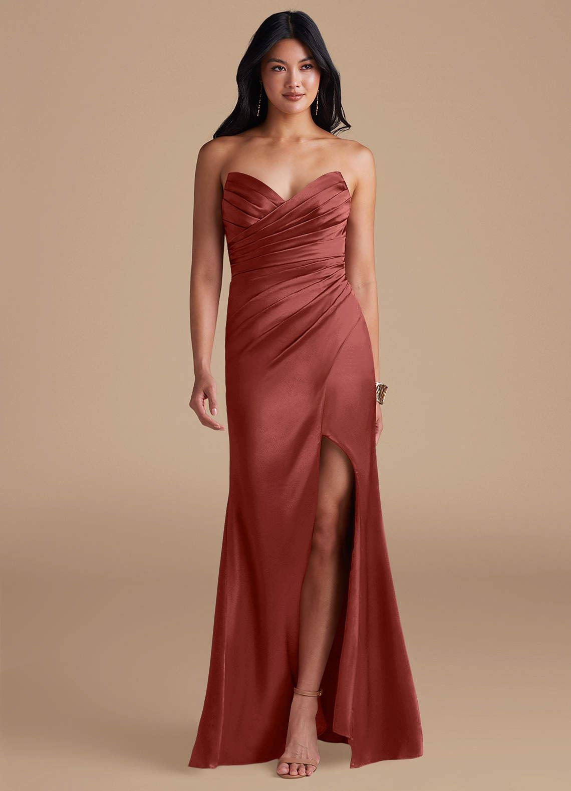 Azazie Yola Bridesmaid Dresses Terracotta Sheath Pleated Metallic Satin Dress image1