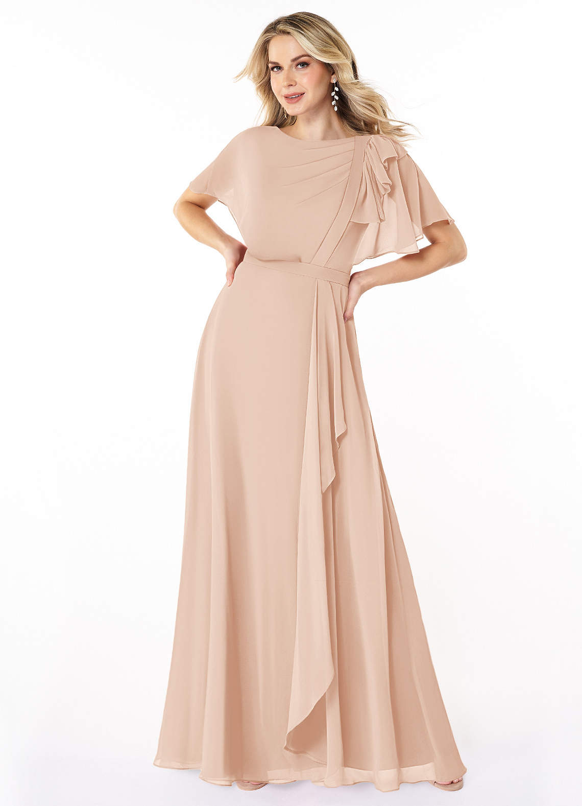 Azazie Aaliyah Bescheiden Bruidsmeisjekleding A-Lijn Bocht Gevouwen Chiffon Vloerlengte Jurk image1