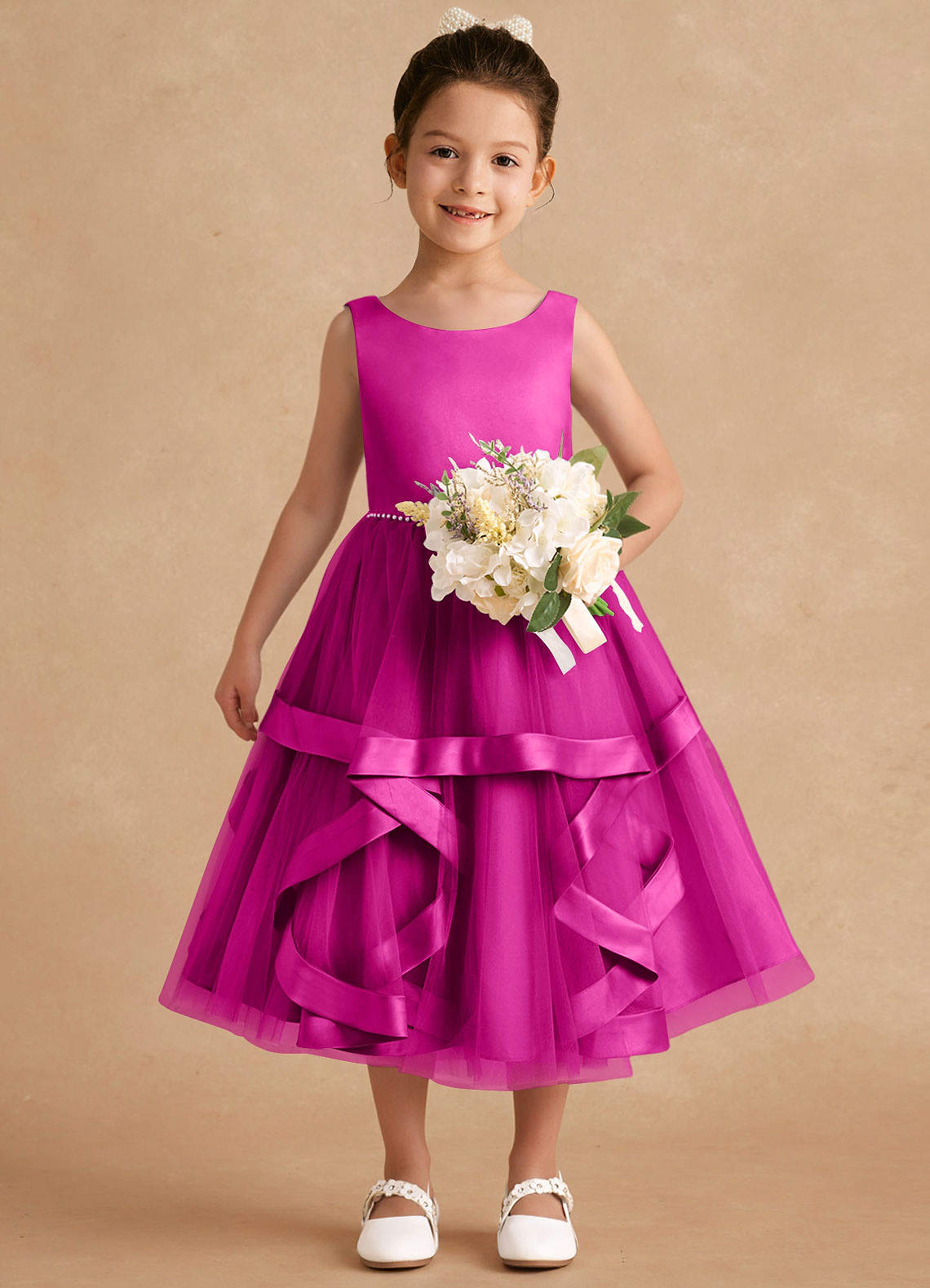Azazie Posy Blumenmädchenkleider A-Linie Mit Perlen Tüll Kleid Fuchsia image3