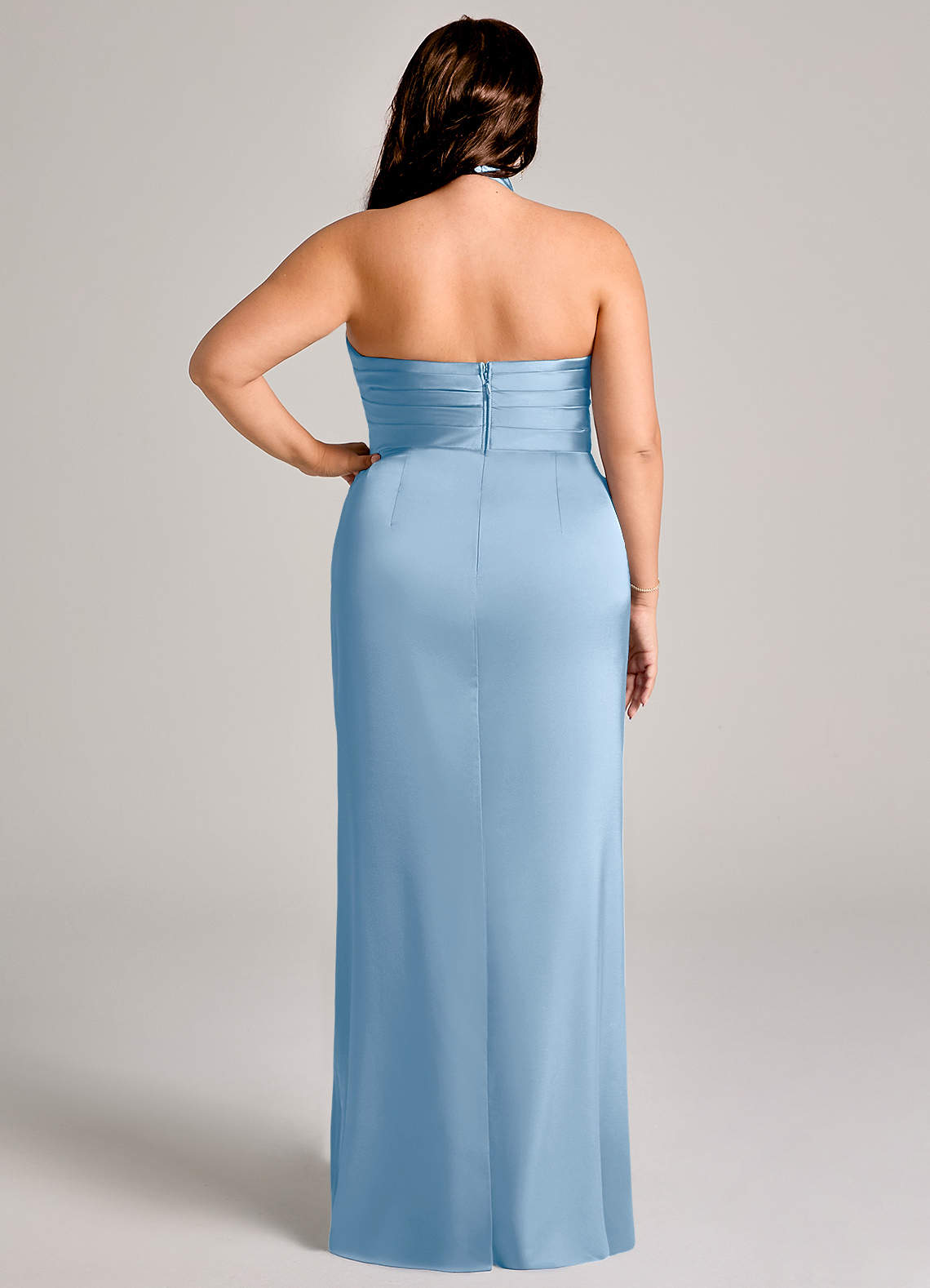 Azazie Jemma At-home Try On Dresses Amethyst Sheath Pleated Stretch Satin Dress image11