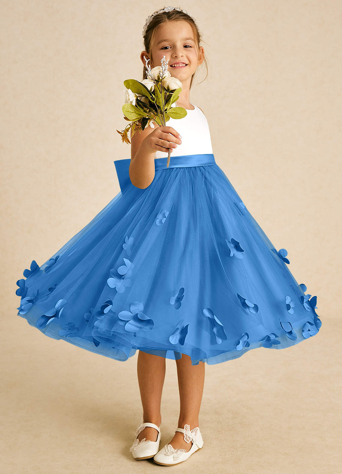 Azazie Sprout Flower Girl Dresses Blue Jay A-Line Bow Tulle Dress image1