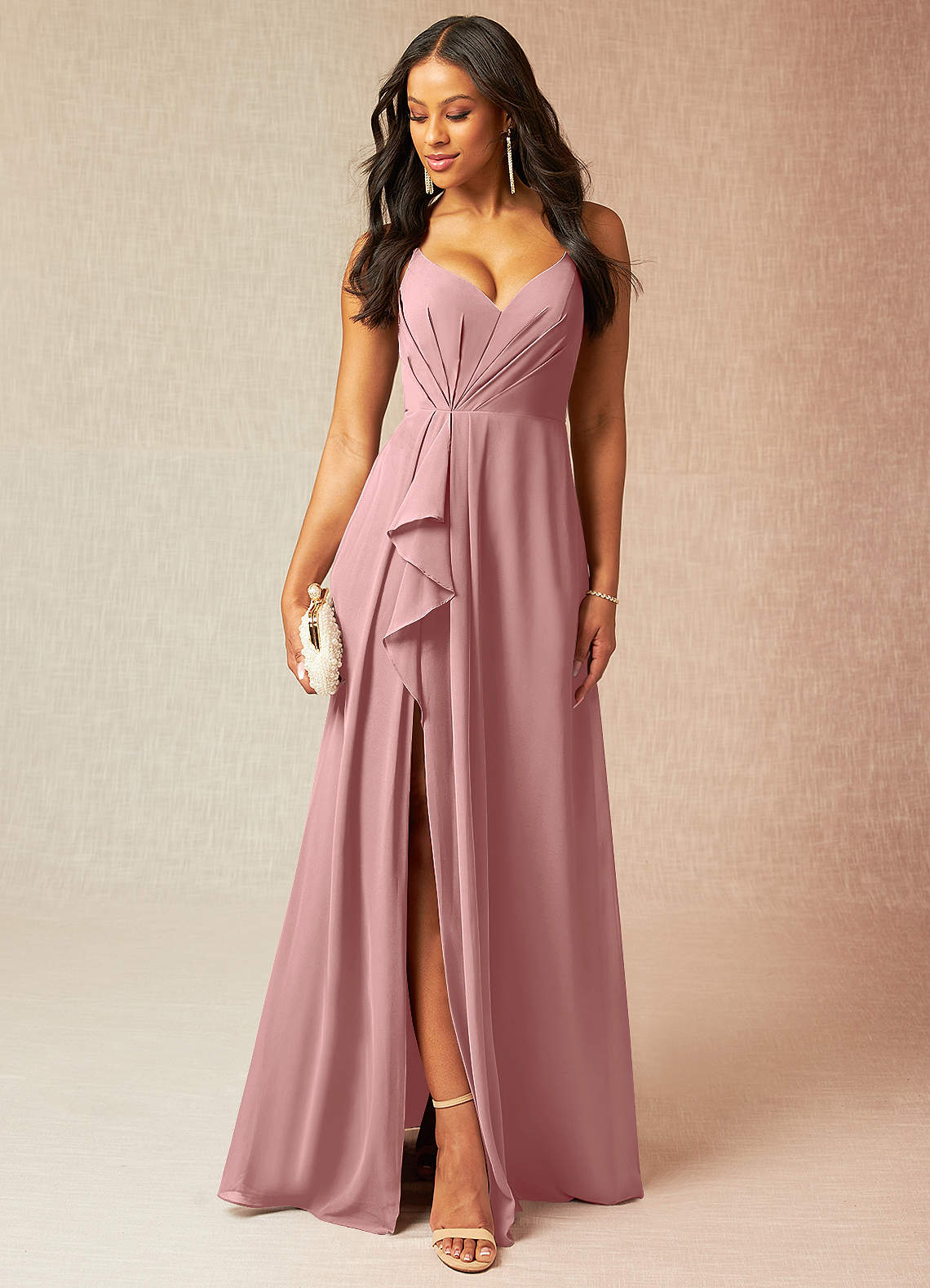 Azazie Kyedae Bridesmaid Dresses Dusty Rose A-Line V-Neck Pleated Chiffon Dress image1