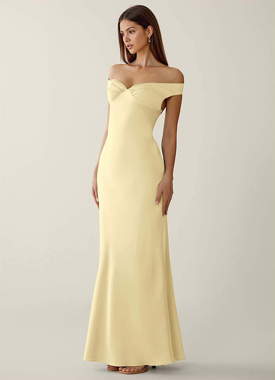 lemon bridal shower dress Spaghetti Strap Cold Shoulder A-Line Long Bridesmaid Dress
