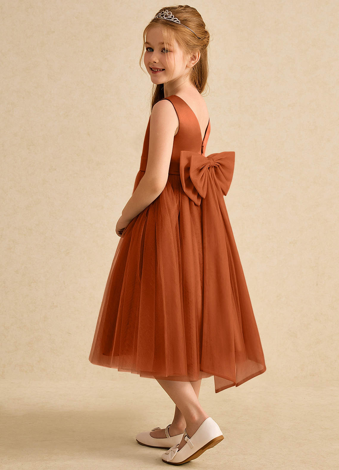 Azazie Winnie Flower Girl Dresses Burnt Orange Ball-Gown Bow Tulle Dress image4