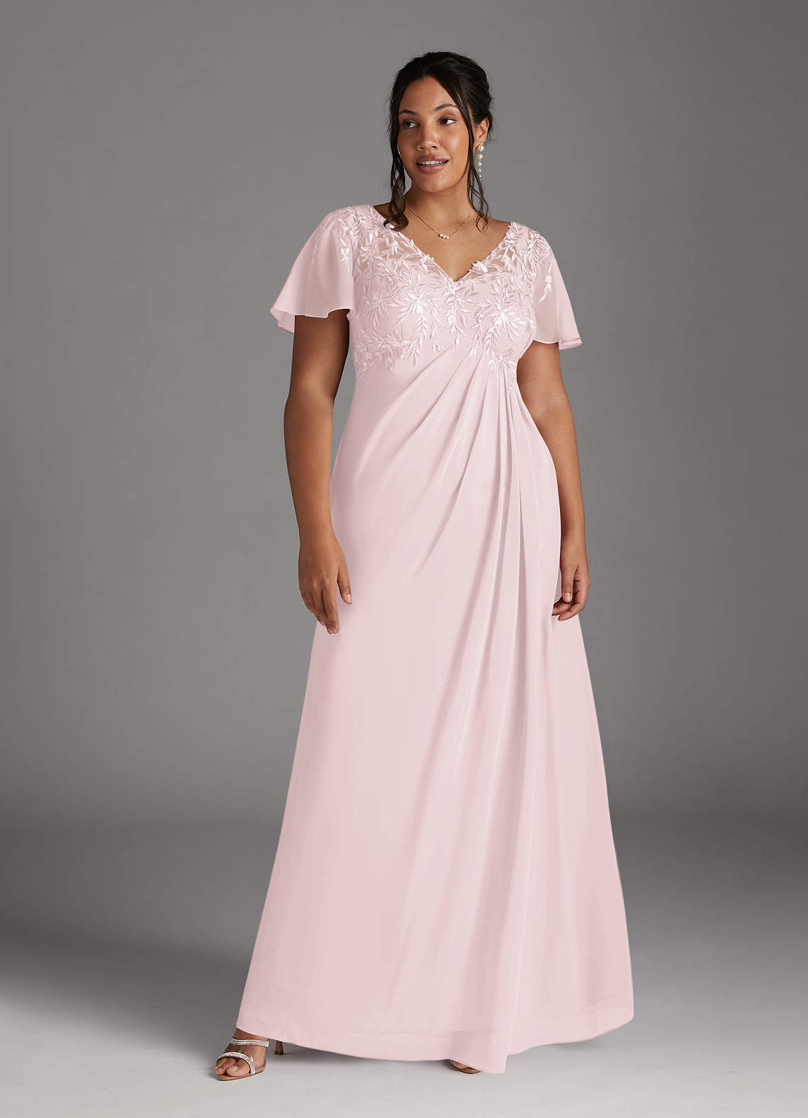 Azazie Holga Mother of the Bride Dresses Blushing Pink A-Line V-Neck Lace Chiffon Dress image1