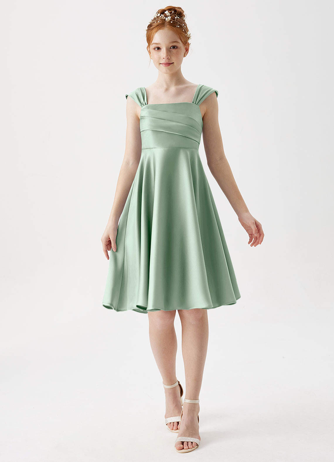 Azazie Amira Junior A-Linie Plissee Stretch-Satin Kleid Agave image1