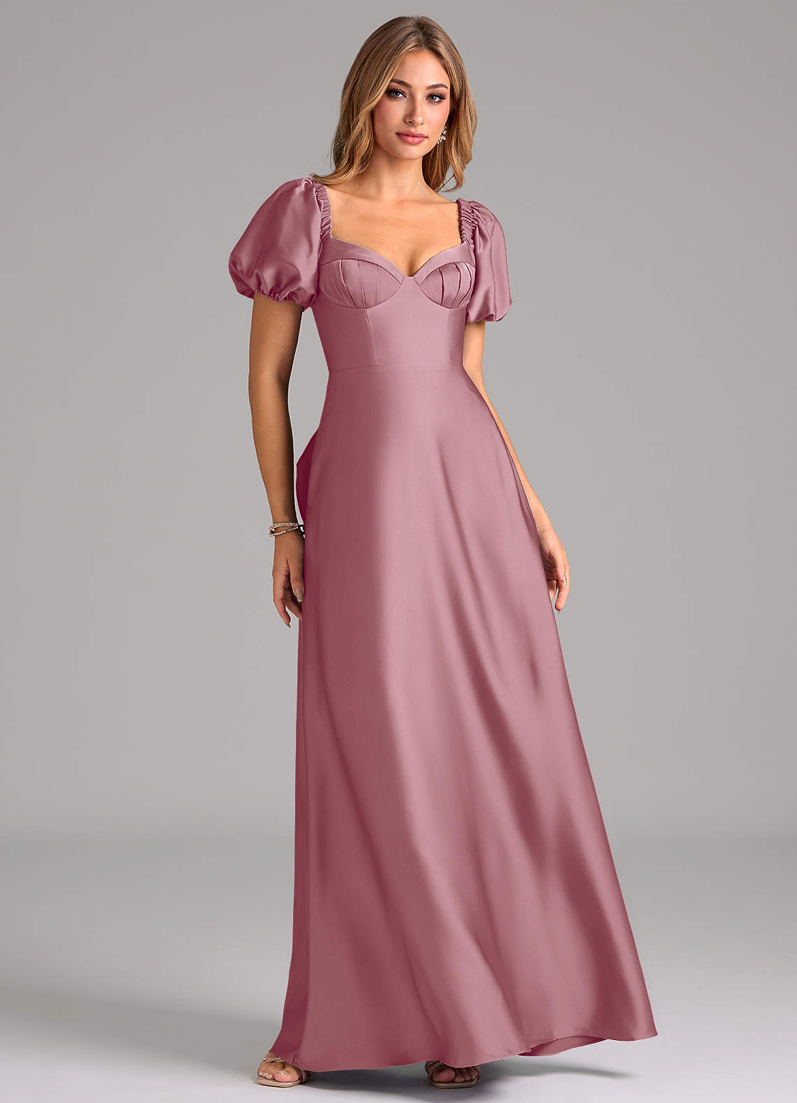 Azazie Fatima Bridesmaid Dresses Vintage Mauve A-Line Pleated Stretch Satin Dress image1