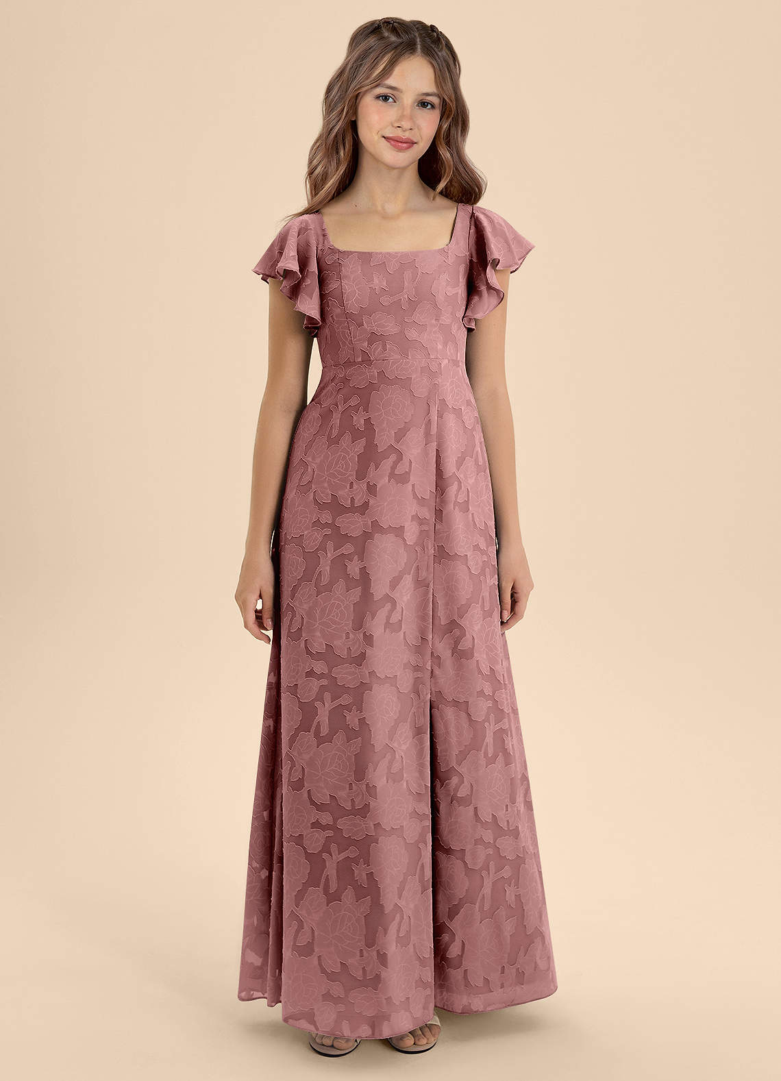 Azazie Bondi Junior Dusty Rose A-Line Bow Floral Burnout Dress image4