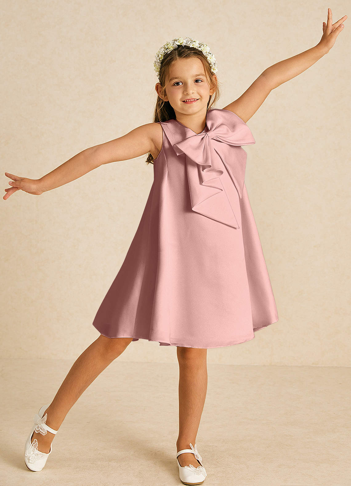 Azazie Zoey Flower Girl Dresses Rose Gold A-Line Bow Matte Satin Dress image1