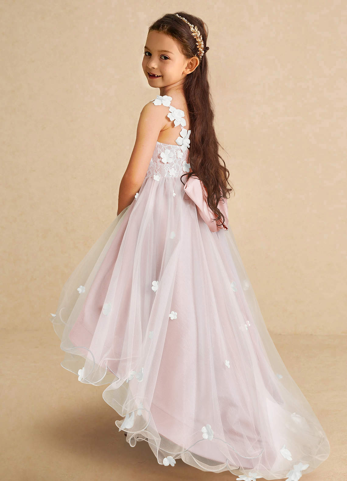 Azazie Celia Flower Girl Dresses Blushing Pink A-Line Lace Tulle Dress image1