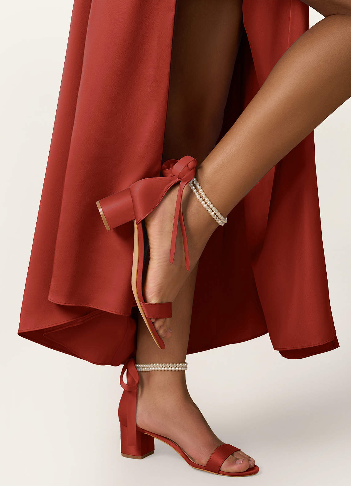 front Matching Color Matte Satin Pearl and Bow Open Toe Chunky Heel Sandals