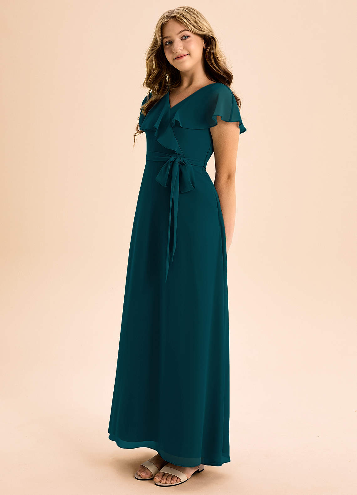 Azazie Lainey Junior Pine A-Line with Pockets Chiffon Dress image1
