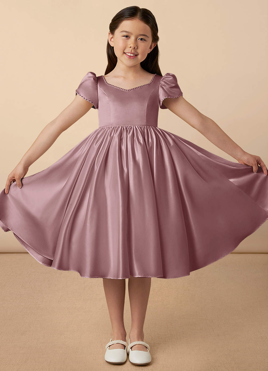 Azazie Juno Flower Girl Dresses Dusty Rose A-Line Sweetheart Neckline Matte Satin Dress image1