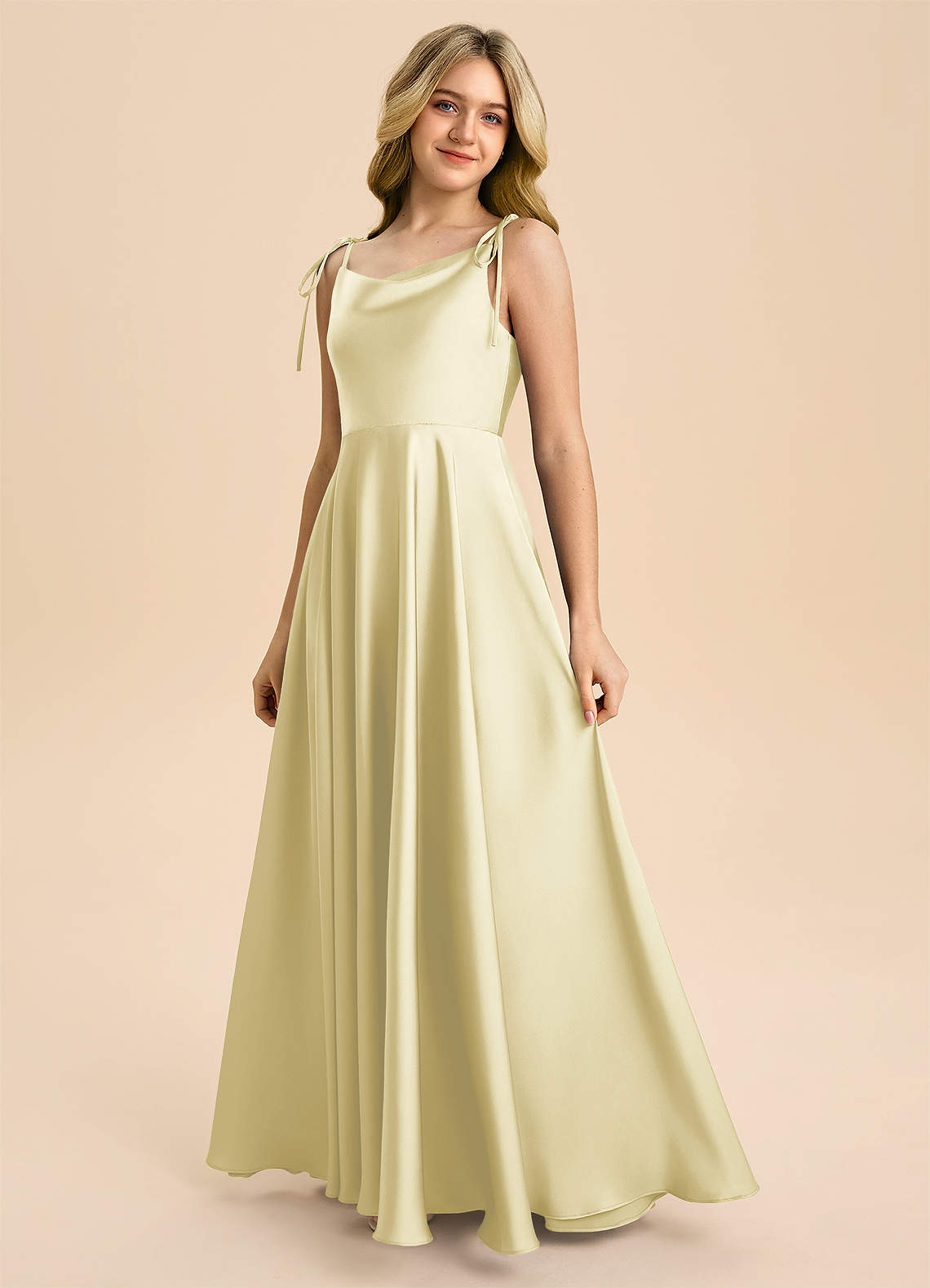 Azazie Popsy Junior Lemon Sorbet A-Line Bow Stretch Satin Dress image5