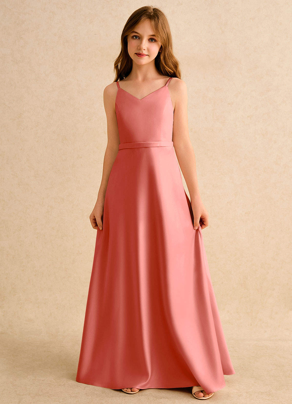 Azazie Fishie Girls Formal Salmon Pink A-Line Matte Satin Dress | Azazie